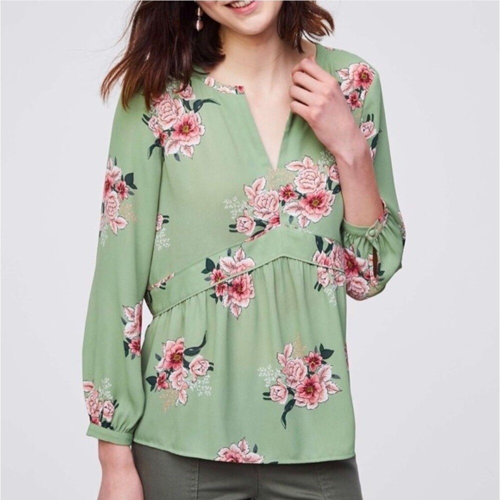 LOFT Bouquet Peplum Floral Blouse Top Green/Pink Size Small
